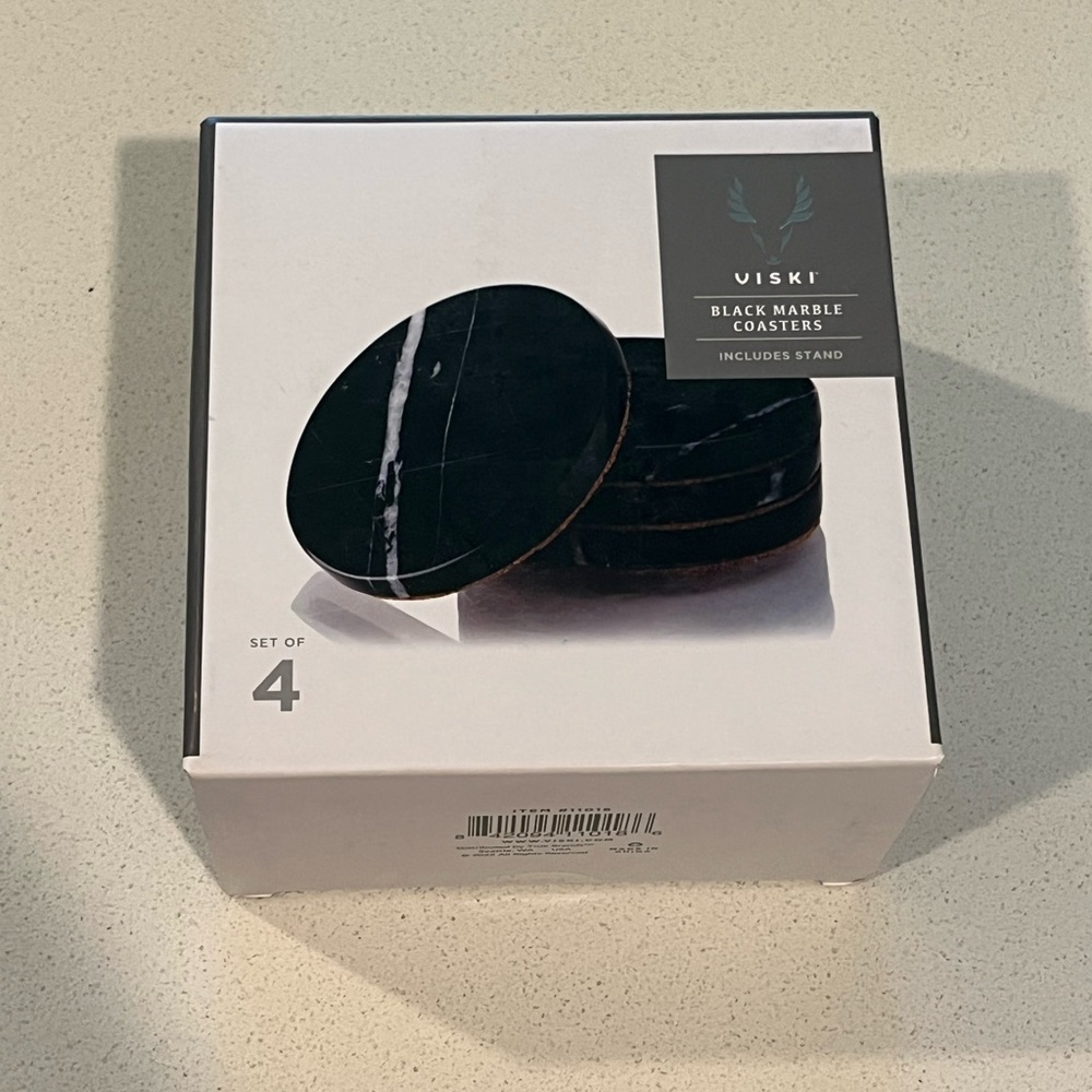 Viski Black Marble Kitchen/Bar Coasters Set of (4) with Stand